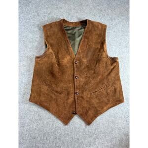 VINTAGE Pollini Suede Leather Vest Mens Brown Button Front Western Retro Large